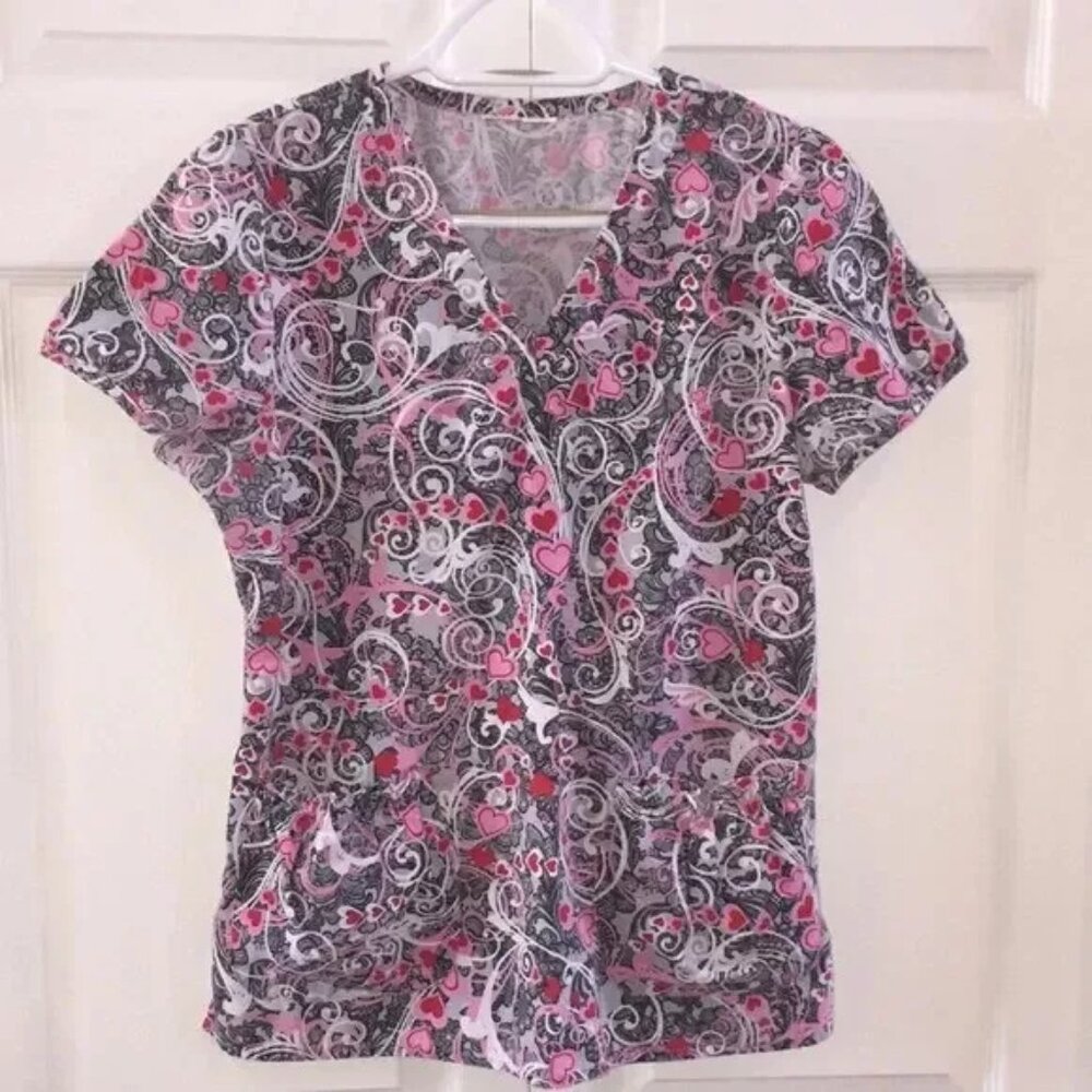 Valentine Hearts Love Ladies Uniform Scrub Top Short Sleeve Size Small